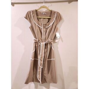 Sandra Darren Women's Taupe Ivory Trimmed Cap Sleeve‎ belted Dress Size 6P